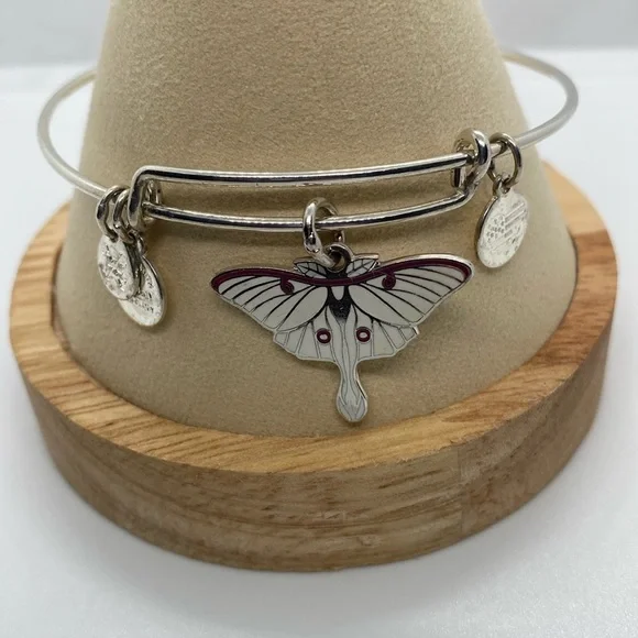 Alex and Ani Luna Moth Charm Bangle Bracelet/Shiny Silver/Very Good Condition - Picture 1 of 6